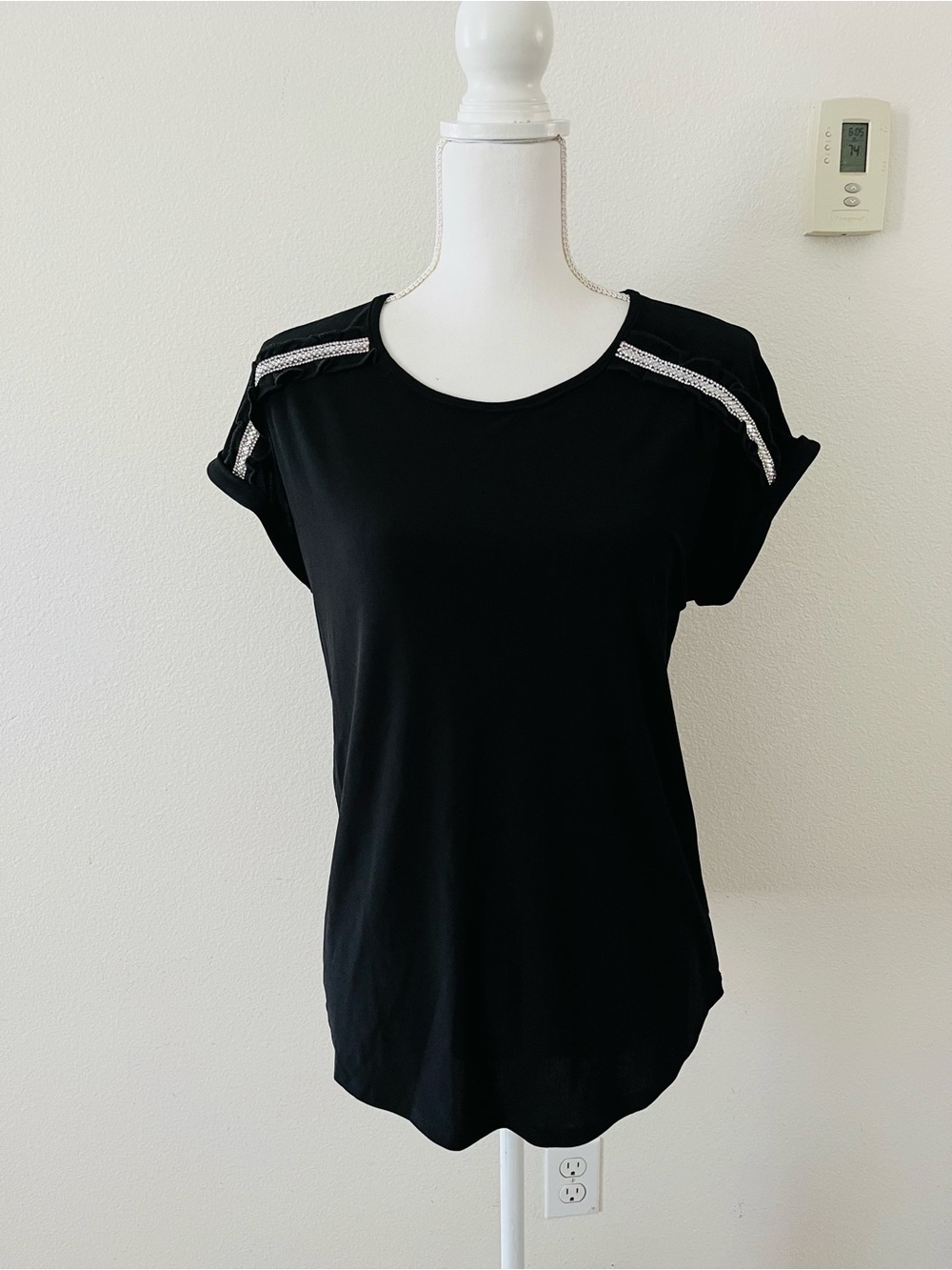 Madison Black Short Sleeve Top with Silver Shoulder Trim